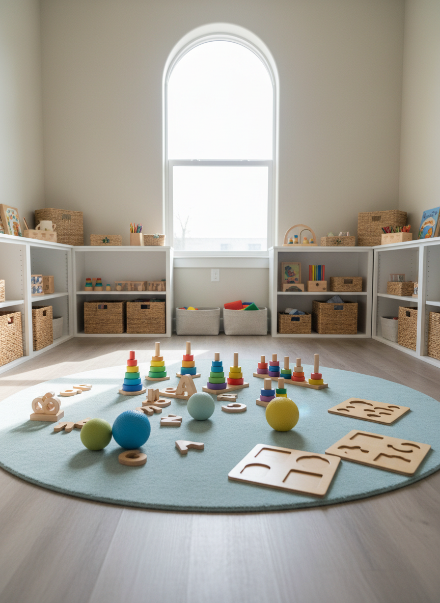 A serene pediatric therapy and learning space designed for infantojuvenil development, shown in realistic photography. In the center, a large, round, pale-blue rug hosts an assortment of non-branded educational materials: wooden alphabet shapes without letters, stacking rings, textured sensory balls, and blank puzzle boards. Low, white shelves around the room hold more neatly organized games and art supplies in woven baskets. A large window bathes the room in soft, natural morning light, creating gentle shadows and a tranquil glow on the matte wooden floor. The camera is at child’s-eye level, emphasizing accessibility and safety. The overall mood is warm, secure, and encouraging, visually representing support for mental health, learning, and emotional development in a non-clinical, non-stock setting.