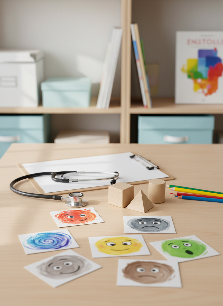 A detailed close-up of a multidisciplinary worktable symbolizing integrated care for children and adolescents, captured in photographic realism. On a light wooden tabletop lie carefully arranged tools: a blank clipboard with a pen, a stethoscope coiled neatly, soft wooden geometric blocks, colored pencils, and simple illustrated emotion cards showing only expressive abstract faces without text. In the background, subtly blurred, stand shelves with storage boxes and educational materials in soft, harmonious colors. Diffused daylight from an unseen window creates gentle highlights on metal and wood, with soft shadows adding depth. Shot from a slightly elevated overhead angle, the composition feels organized, professional, and collaborative, evoking a calm atmosphere where health, learning, and development are integrated without looking like generic stock imagery.