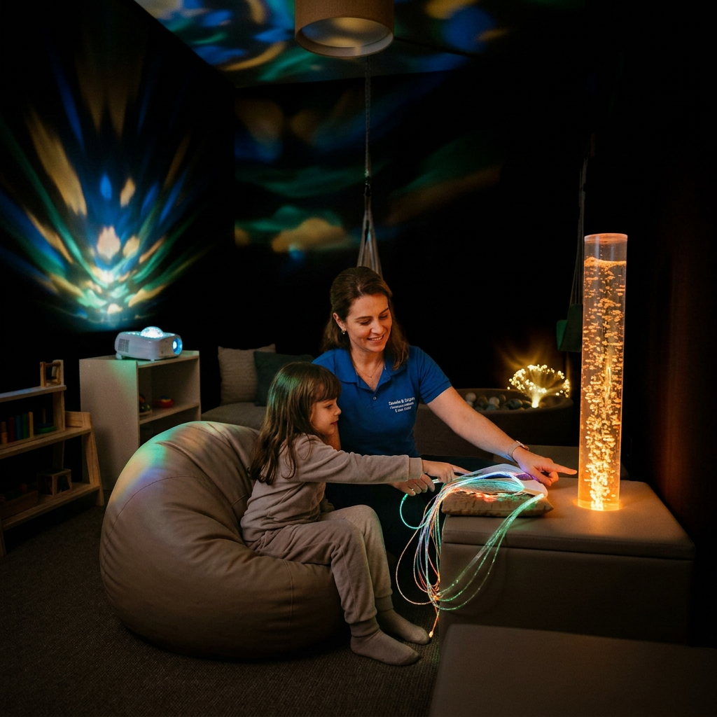 Therapist and child using glowing sensory equipment in a therapy room