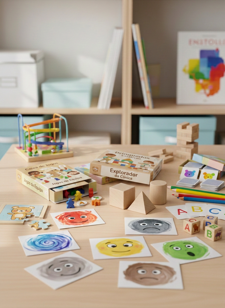 A detailed close-up of a multidisciplinary worktable symbolizing integrated care for children and adolescents, captured in photographic realism. On a light wooden tabletop lie carefully arranged tools: a blank clipboard with a pen, a stethoscope coiled neatly, soft wooden geometric blocks, colored pencils, and simple illustrated emotion cards showing only expressive abstract faces without text. In the background, subtly blurred, stand shelves with storage boxes and educational materials in soft, harmonious colors. Diffused daylight from an unseen window creates gentle highlights on metal and wood, with soft shadows adding depth. Shot from a slightly elevated overhead angle, the composition feels organized, professional, and collaborative, evoking a calm atmosphere where health, learning, and development are integrated without looking like generic stock imagery.