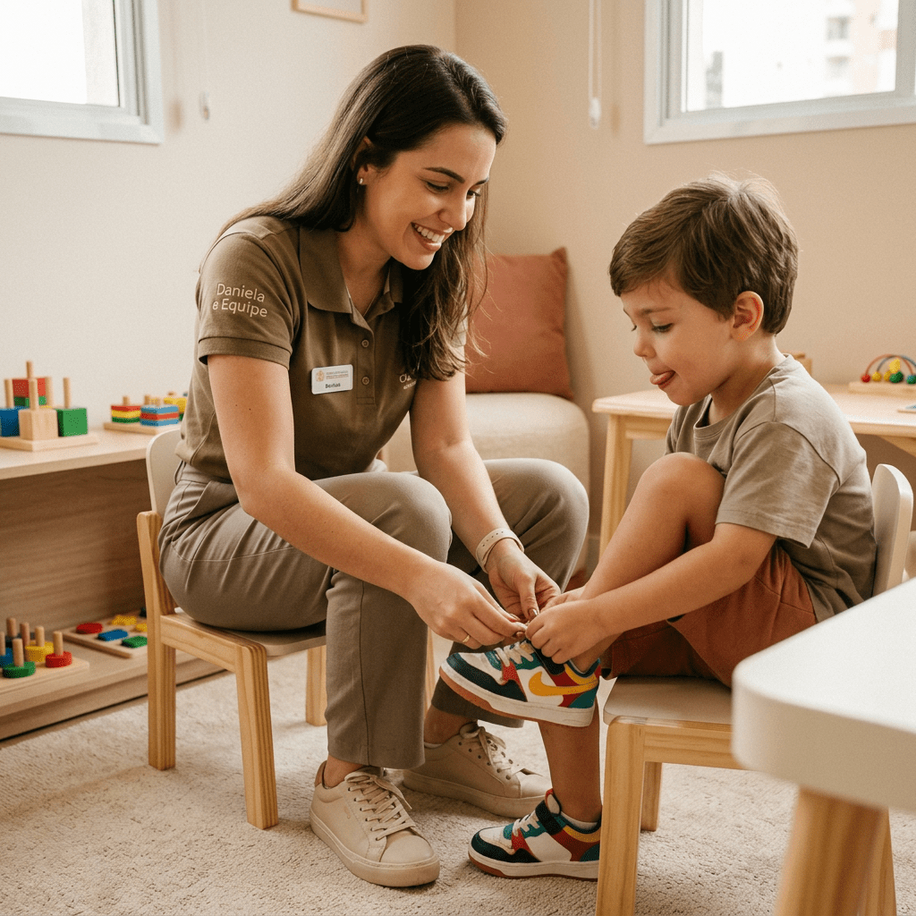 Caregiver helping a child tie colorful sneakers in a classroom