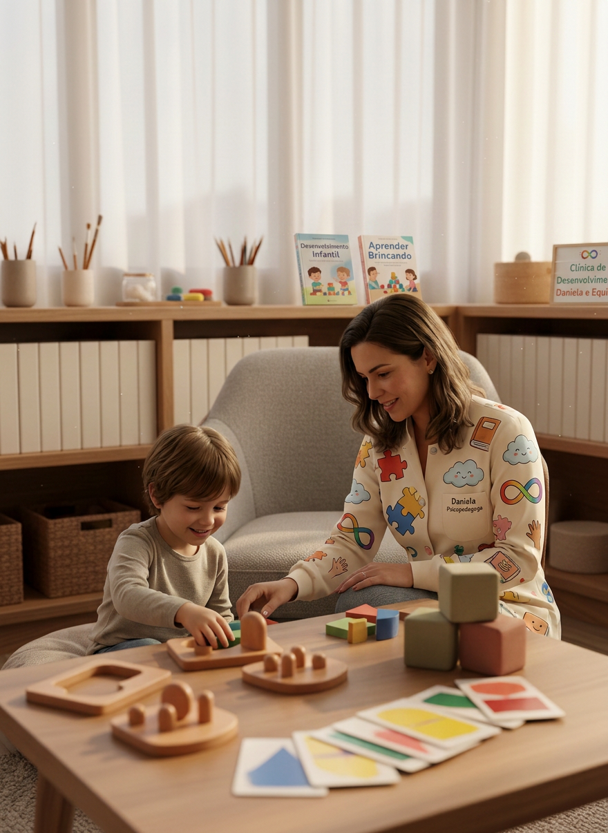 A calm, thoughtfully designed therapy room for integrated mental health care, viewed in photographic realism. A comfortable, contemporary armchair with textured light-gray fabric faces a low wooden table covered with sensory objects for children and teens: smooth wooden puzzles, soft fabric cubes, and colorful learning cards with only abstract shapes, no text. Shelves along the wall display neatly arranged books with blank spines and art materials in neutral containers. Soft afternoon light filters through sheer curtains, casting gentle shadows and a warm glow. The composition is eye-level, with a shallow depth of field that keeps the central seating area in crisp focus while the background softly blurs, creating a professional, welcoming, non-stock atmosphere of safety, learning, and development.