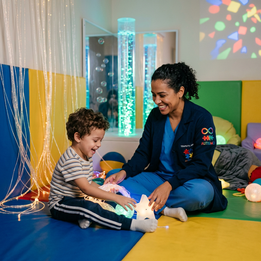 Criança brincando em sala Snoezelen com terapeuta