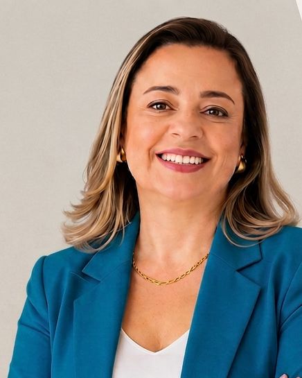 Daniela Cavalcante, de blazer azul, sorrindo