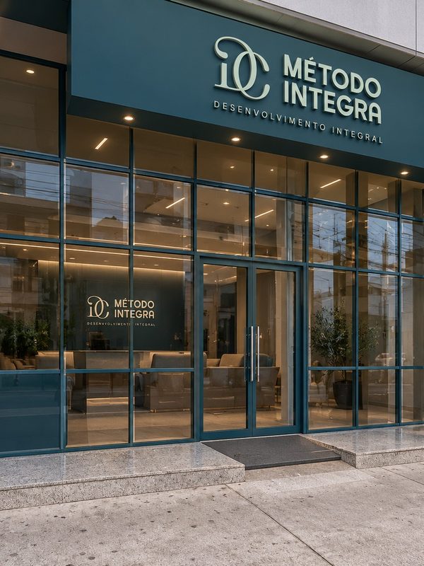 Fachada do Método Integra, com o letreiro e as vitrines em azul
