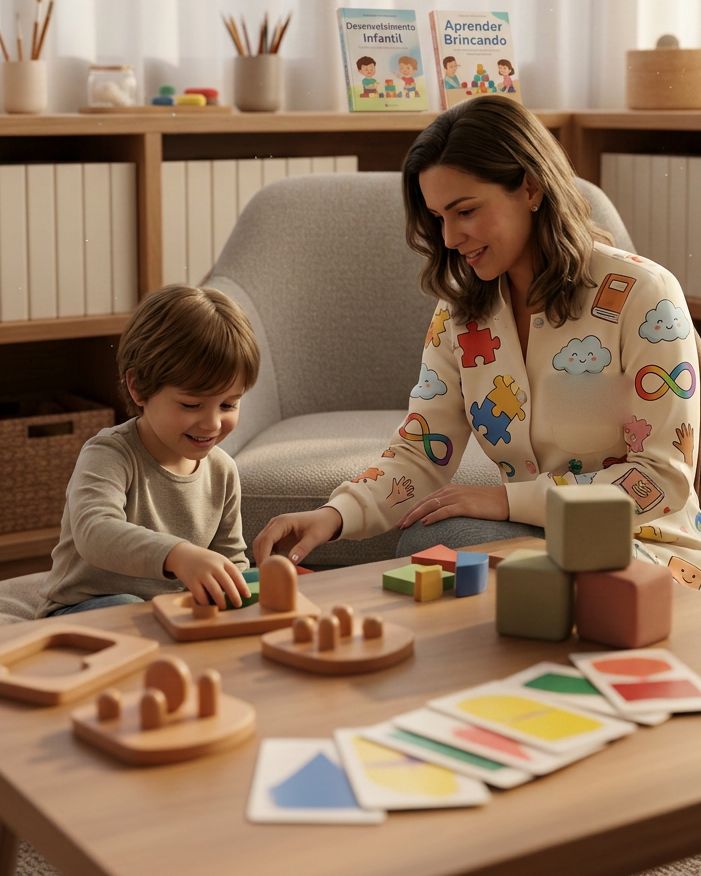 Psicóloga e menino brincando com peças de madeira e cartões coloridos