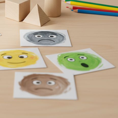 Cartas com rostos que expressam emoções, blocos de madeira e lápis de cor