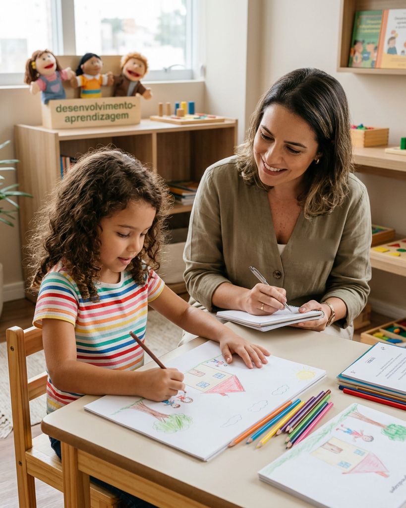 Psicopedagoga acompanha uma menina que desenha com lápis de cor