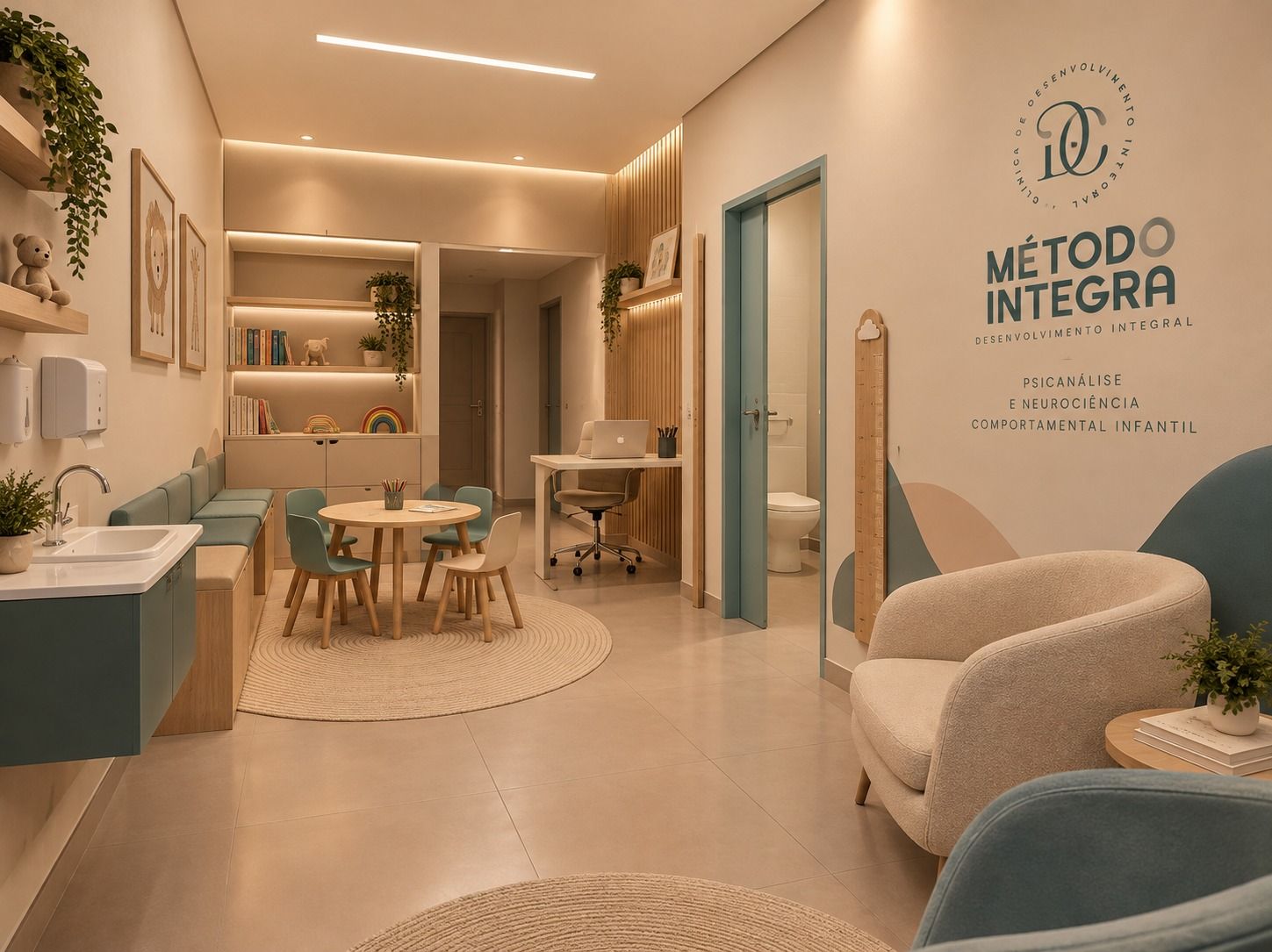 Recepção do Método Integra: o logo na parede, mesinha e cadeiras para as crianças e poltronas para a família