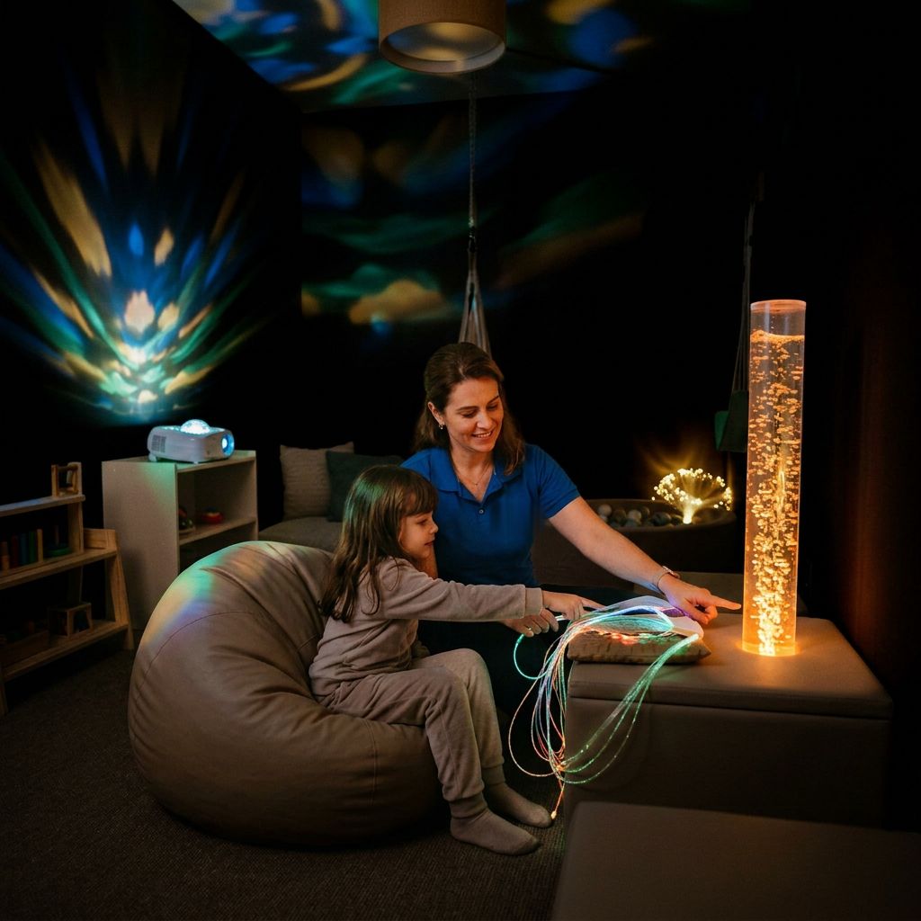 Terapeuta e criança na sala multissensorial, com luzes coloridas e fibras luminosas
