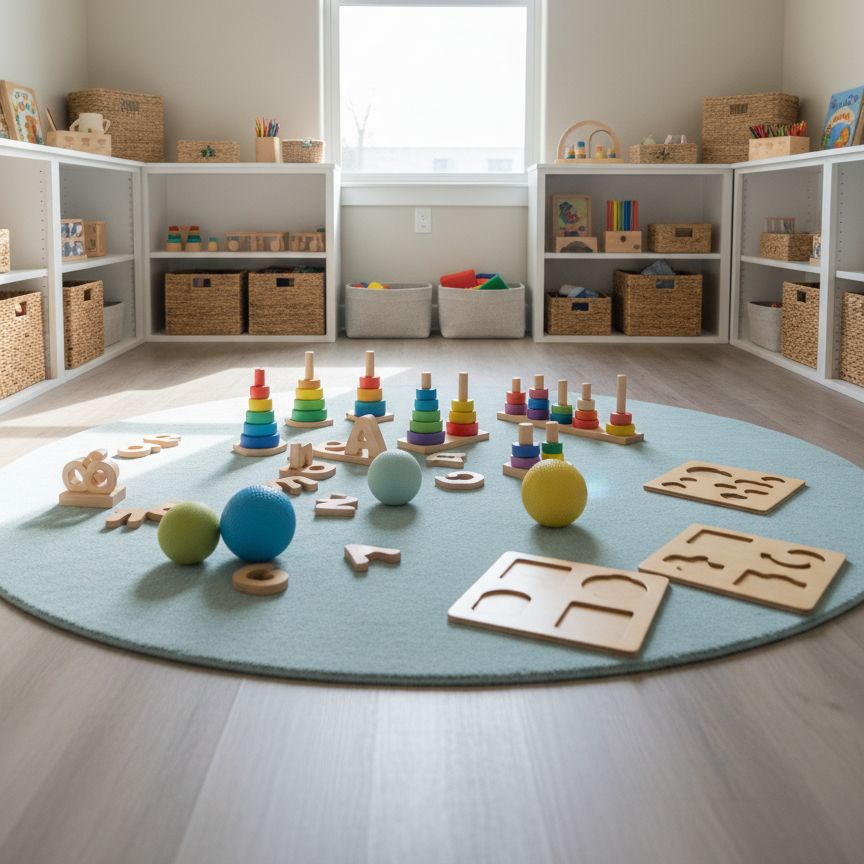 Sala de atendimento com tapete redondo, brinquedos de encaixe e prateleiras organizadas